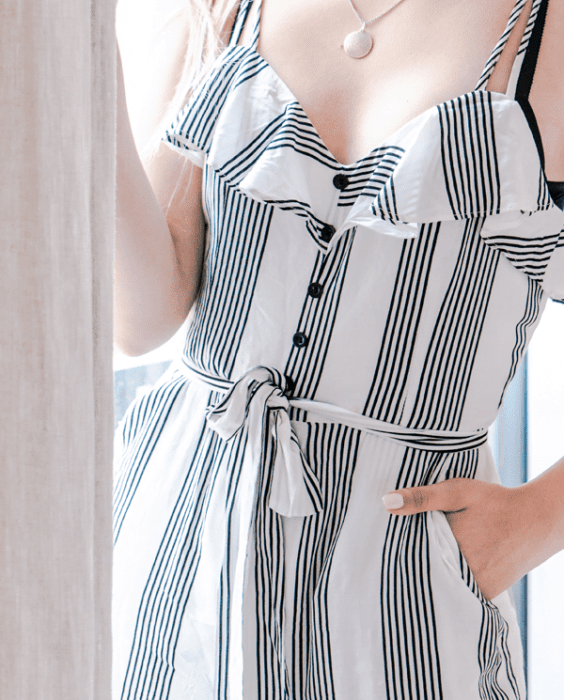 woman in blue and white nautical style sundress