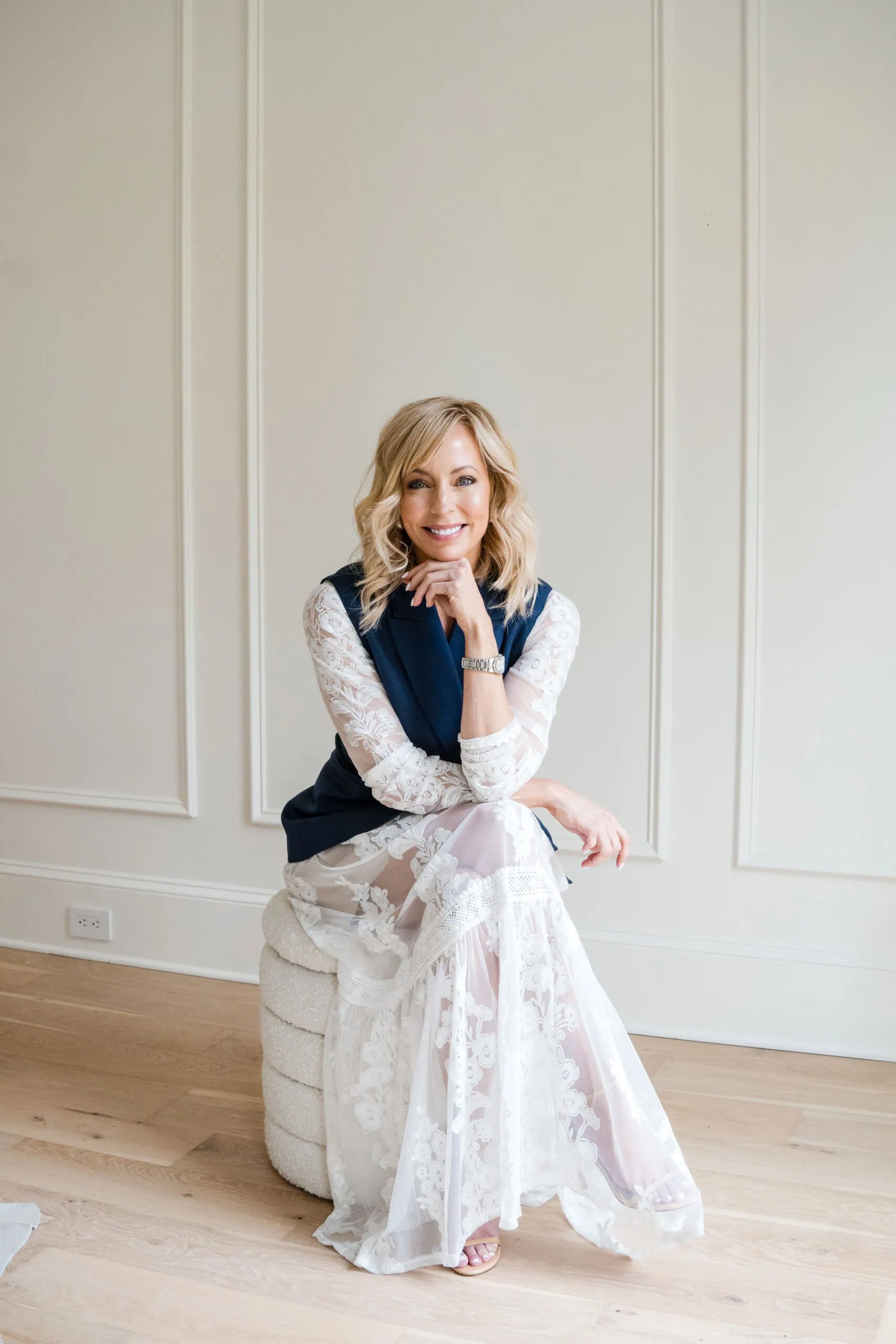 White Lace Dress + Blue Sleeveless Blazer (37)