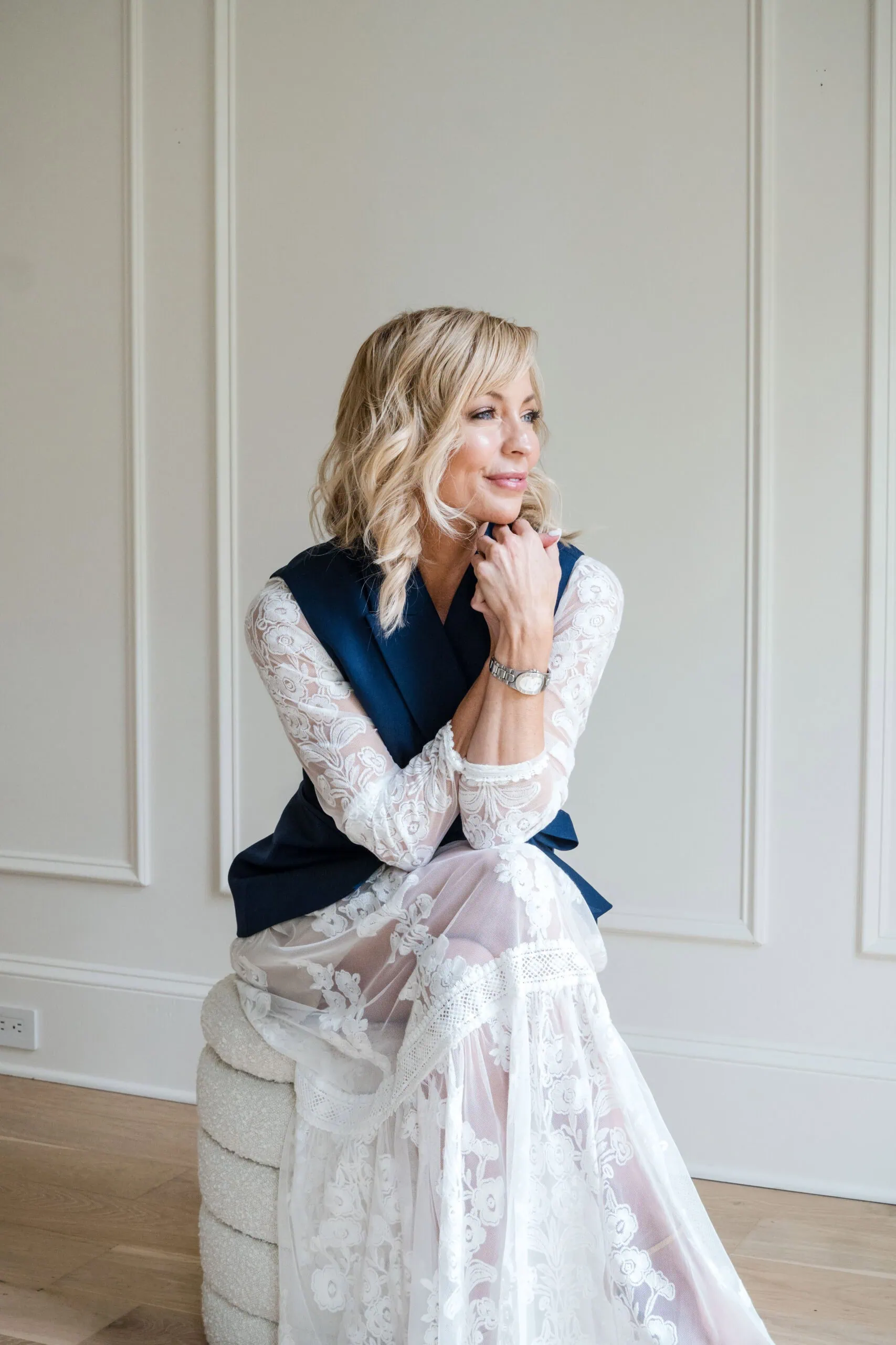 White Lace Dress + Blue Sleeveless Blazer (22)